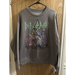 Def Leppard Graphic Crew Neck Long Sleeve Sweatshirt S/M Gray Oversized Rock